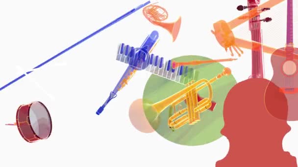 Parlak Renkli Çeşitli Şeffaf Müzik Enstrümanlarının Animasyonu Beyaz Arkaplanda Boşlukta — Stok video
