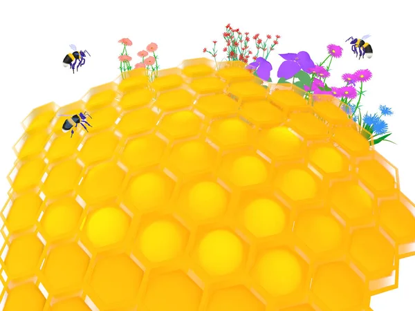 Illustration Einer Farbenfrohen Wabe Blumen Und Bienen Flattern Ausschnitt Auf — Stockfoto