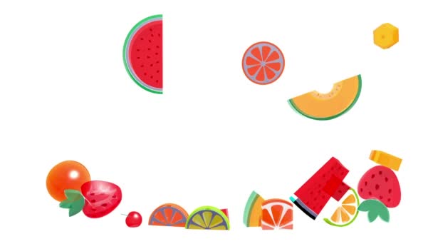 Animación Varias Ensaladas Frutas Que Caen Recipiente Vidrio Parte Delantera — Vídeo de stock