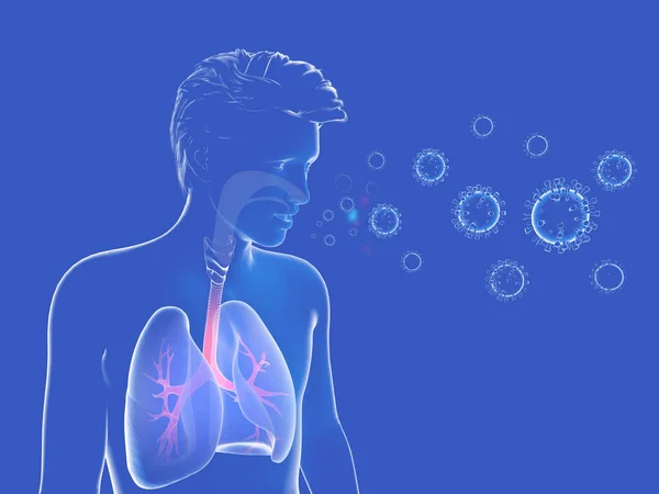 3d illustration of human respiratory system and viruses and bacteria that can enter or leave it with cough and sneeze. Transparent image on dark blue background.