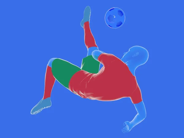 3d illustration of a football (soccer) player doing an acrobatic kick kick with the ball. Color shirt, shorts and socks of the Portugal national team.