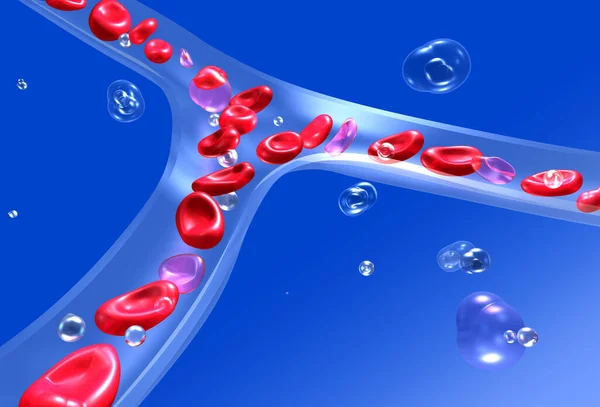 Kan dolaşımındaki kırmızı kan hücrelerinin anatomik 3d çizimi. Mavi arka planda şeffaf kılcal cam..