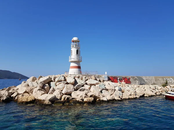 Panoramic View Lighthouse Standing Coast Kas Mediterranean Sea Antalya Turkey — Stockfoto