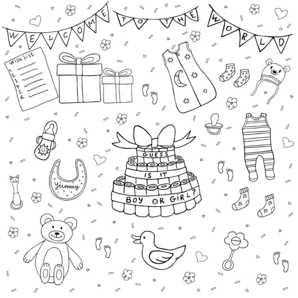 Siyah ve beyaz bebek hediye ve oyuncaklarla karalama vektör çizimi. Parti davetiyesi için mükemmel bir kart..