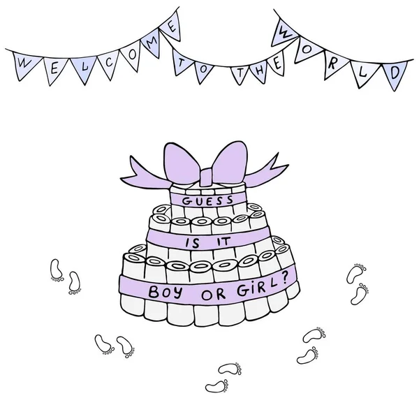Bebek partisi vektör illüstrasyon kartı, bebek bezi pastası, harf ve küçük bayraklar.