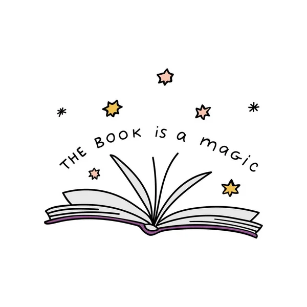 Kitap konsepti. Harfli resimli açık bir kitap. Kitap bir büyü işaretidir. Doodle biçim illüstrasyonu