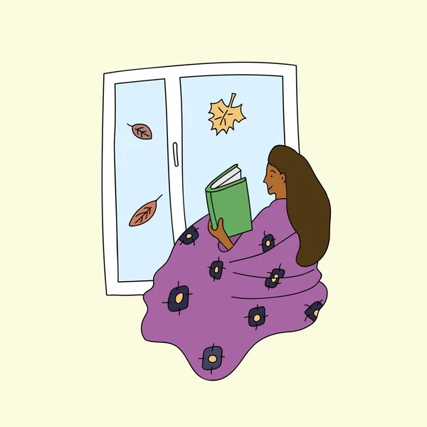 Pencere vektörü illüstrasyonuyla ilgili kitap okuyan kız. Doodle biçim vektör illüstrasyonu.