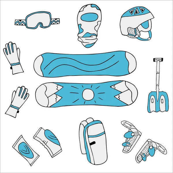 Snowboard ekipmanları hazır. Doodle vektör illüstrasyonu