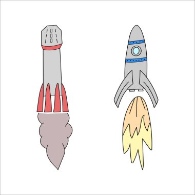 Bir roket fırlatıldı. Karalama vektör çizimleri kümesi