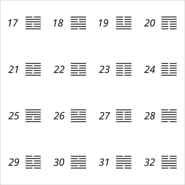 Değişim kitabından alınmış altıgenler, 17-32 insan tasarım kapıları. Sunum için, eğitici materyaller. Vektör illüstrasyonu