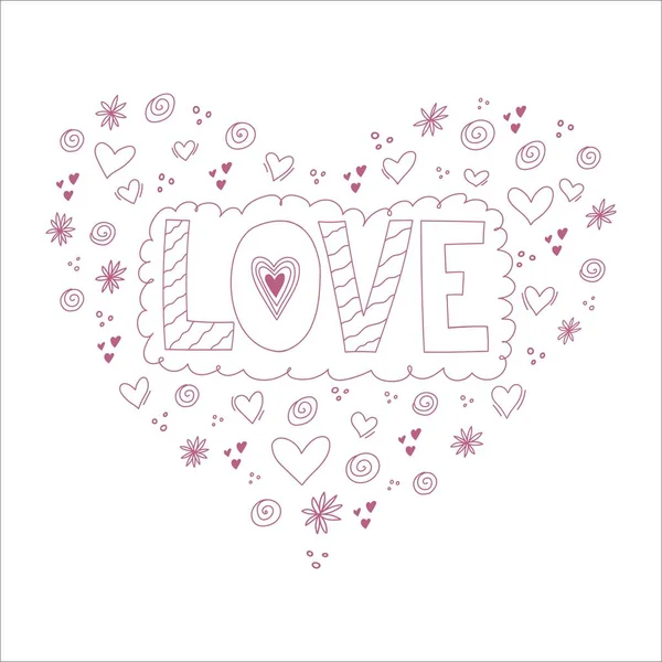 Love Phrase Lettering Pink Color Hand Drawn Word Heart Shape — Stock Vector