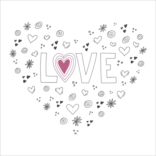 Любовная Фраза Иллюстрацией Ручная Иллюстрация Формой Сердца Черно Белые Каракули — стоковый вектор