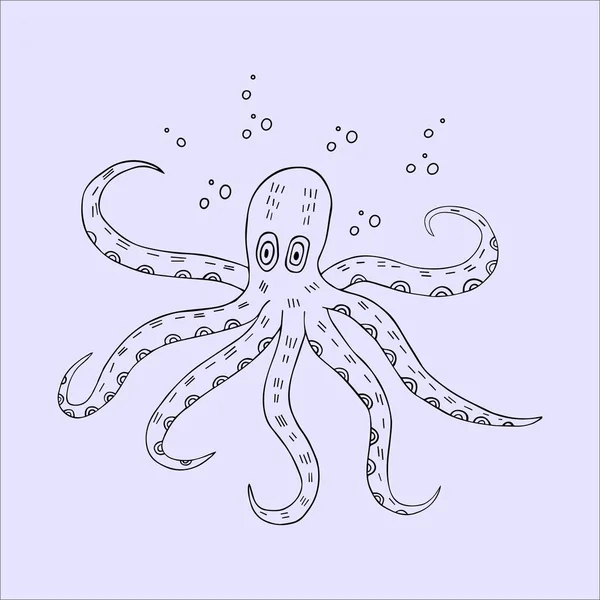 Dokunaçlı ahtapot, siyah beyaz çizgili. El çizimi vektör çizimi mor arkaplan üzerinde izole. 