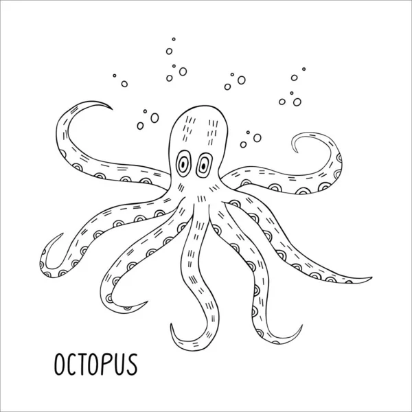 Octopus Tentacles Bubbles Black White Outline Hand Drawn Vector Illustration — Stock Vector
