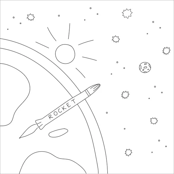Roket dünyadan uzaya uçuyor. Beyaz arkaplanda siyah beyaz karalama çizimi