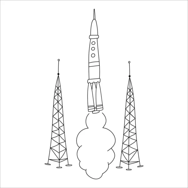 Запуск Ракеты Черно Белая Векторная Иллюстрация — стоковый вектор