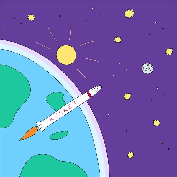 Roket dünyadan uzaya uçuyor. Vektör illüstrasyonu