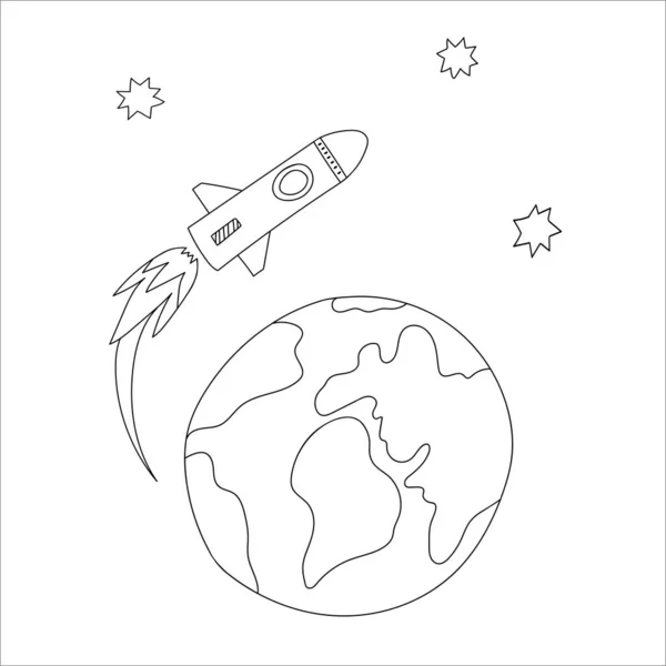 Ракета Летит Космос Земли Черно Белая Векторная Иллюстрация Белом Фоне — стоковый вектор