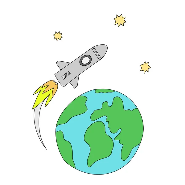 Ракета Летит Космос Земли Красочная Векторная Иллюстрация Белом Фоне — стоковый вектор