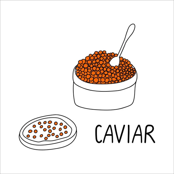 Kırmızı havyar karalama çizimi. Kaşıklı havyar küveti, havyarlı kanepe. Deniz ürünleri vektör illüstrasyonu.