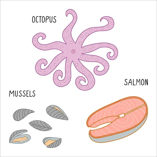 Deniz ürünleri renkli çizimler. Ahtapot, somon, midye vektör çizimi. Beyaz arkaplanda izole edilmiş karalama çizimleri. Lezzetli deniz ürünleri. Menü dekorasyonu için mükemmel