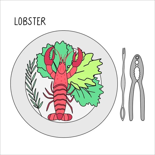 Piring Dengan Lobster Kemangi Salad Dan Biskuit Lobster Sebelahnya Ilustrasi - Stok Vektor