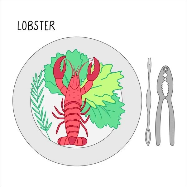 Lempeng Dengan Lobster Kemangi Salad Dan Biskuit Lobster Sebelahnya Ilustrasi - Stok Vektor