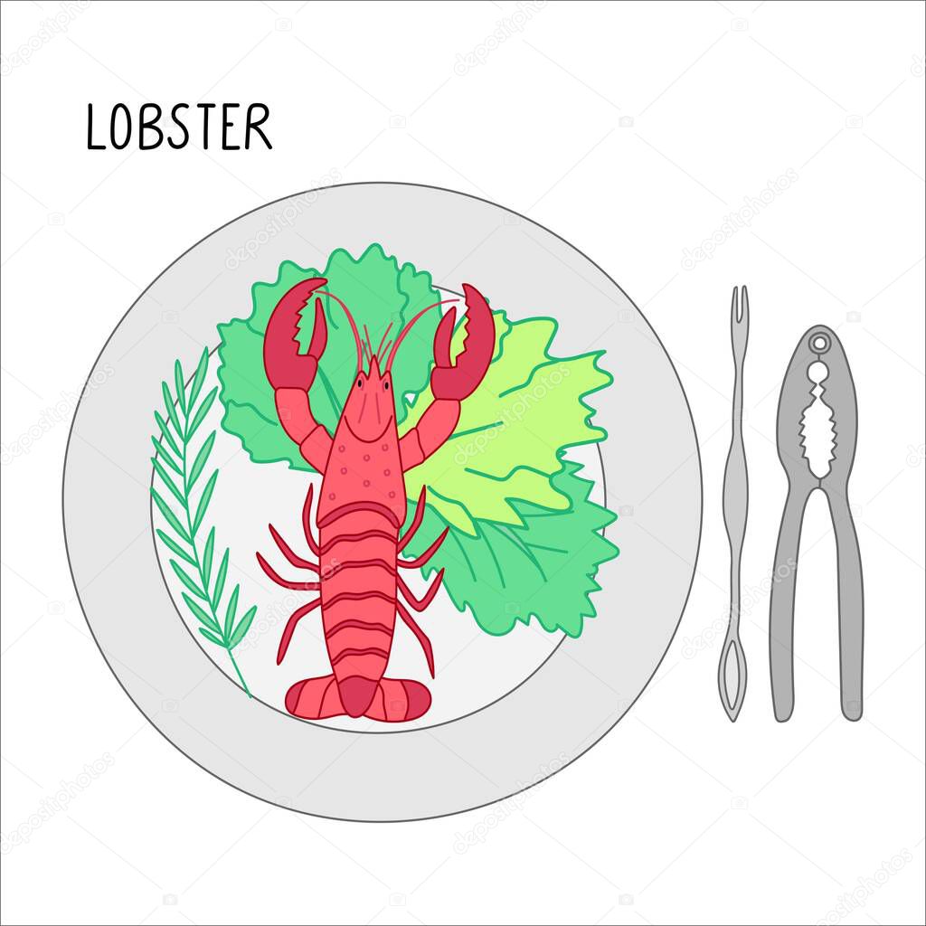 Plate with lobster, basil, salad and lobster crackers next to it. Colorfull doodle vector illustration isolated on a white background. Delicious seafood. Perfect for menu decoration