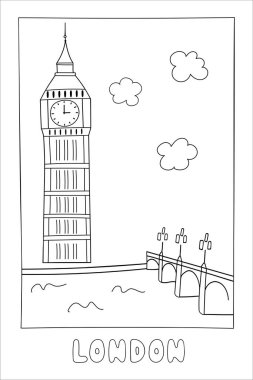 Bigben kule karalama vektör çizimi, Londra manzarası. Kartpostallar ve hatıralar için harika.
