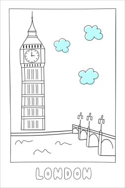 Bigben kule karalama vektör çizimi, Londra manzarası. Kartpostallar ve hatıralar için harika.