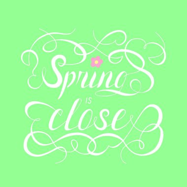 İlkbahar, yeşil arkaplan ile yakın senaryo harfleri vektör illüstrasyonudur. Tebrik kartı, poster, baskı için yaprak ile parlak bir bahar sezonu.. 