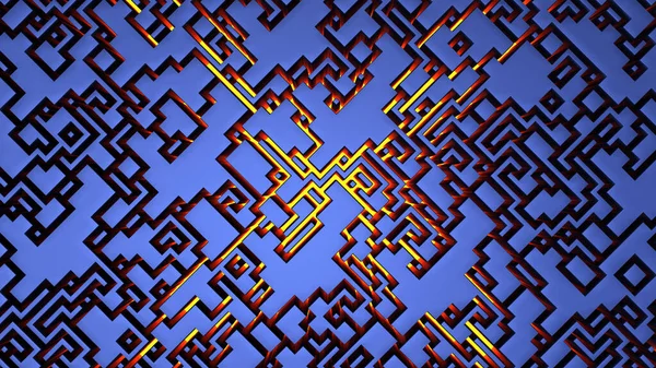 迷宫照明蓝色迷宫背景黄光X图案设计3D插图 — 图库照片