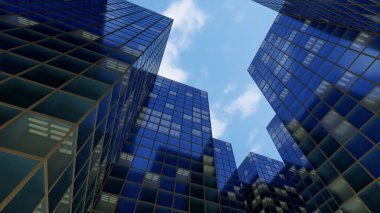 Ofis binaları mavi cam gökdelenler iş kuleleri şirketleri 3D illüstrasyon