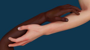 Beyaz ve siyah eller çok ırklı çift çeşitliliği ve Kafkasyalı ve Afrikalı üç boyutlu illüstrasyon