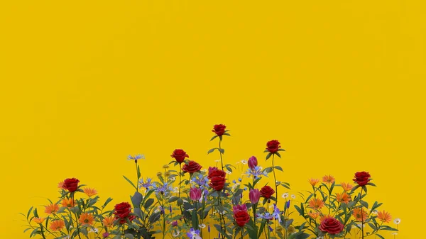 Virág Csokor Sárga Háttér Rózsa Tulipán Százszorszép Hely Szöveg Illusztráció — Stock Fotó