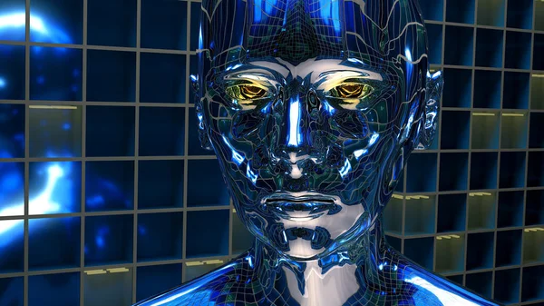 Metall Gesicht Künstliche Intelligenz Kybernetischen Androiden Roboter Reflexion Illustration — Stockfoto