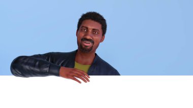 Beyaz pano tutan Afrikalı adam boş sayfa karikatür 3D illüstrasyonunu gösteriyor