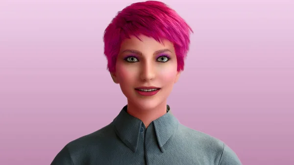 粉红短发妇女与灰色衬衫紫色背景化妆女孩3D插图 — 图库照片