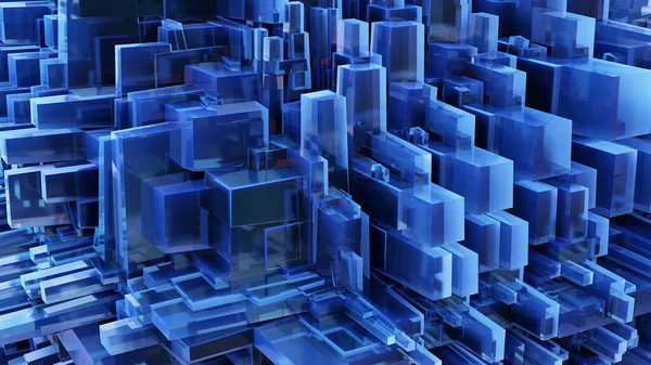 Nombreux Blocs Cristal Cubes Bleu Carrés Transparents Fond Abstrait Illustration — Photo