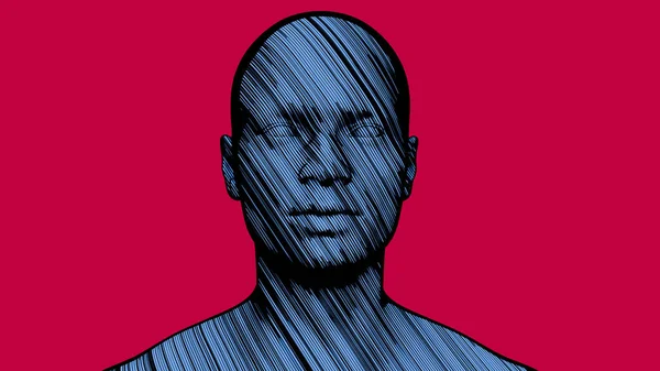 Gesicht Kopf Cartoon Figur Einfaches Design Halbton Drucklinie Kunst Blau — Stockfoto