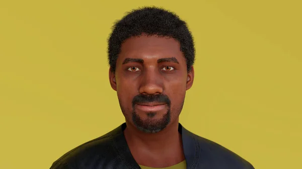 young man portrait african american serious people wearing black leather jacket on yellow background 3D illustration