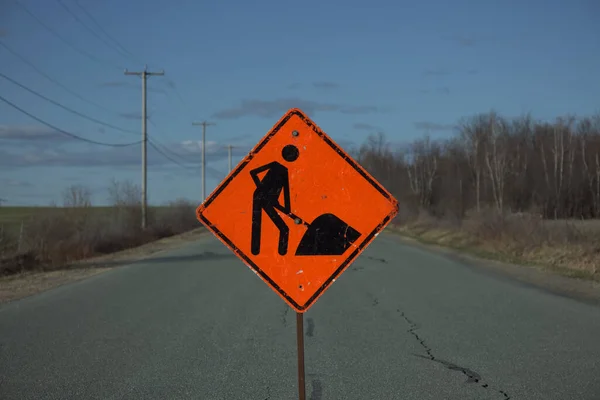 Road Construction Rural Street Orange Traffic Sign Man Work Clouds — Stock Photo, Image