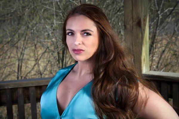 Baştan çıkarıcı kadın mavi retro tarzı ipekten gecelikler parktaki bahar ormanı makyaj malzemeleri.