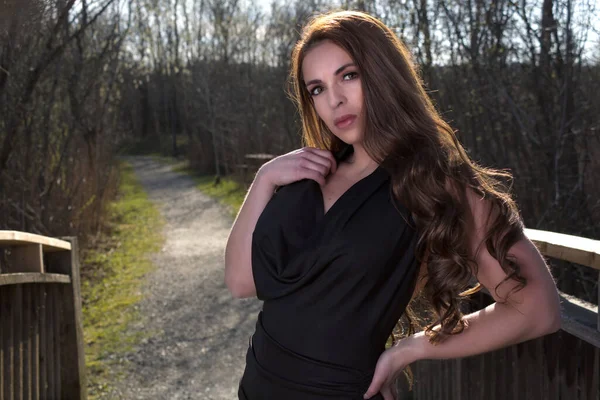 Beautiful Woman Outdoor Portrait Elegance Black Dress Park Long Hair —  Fotos de Stock