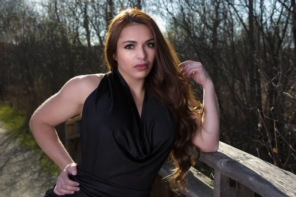 Young Woman Standing Posing Nature Spring Park Wearing Black Dress — Stockfoto