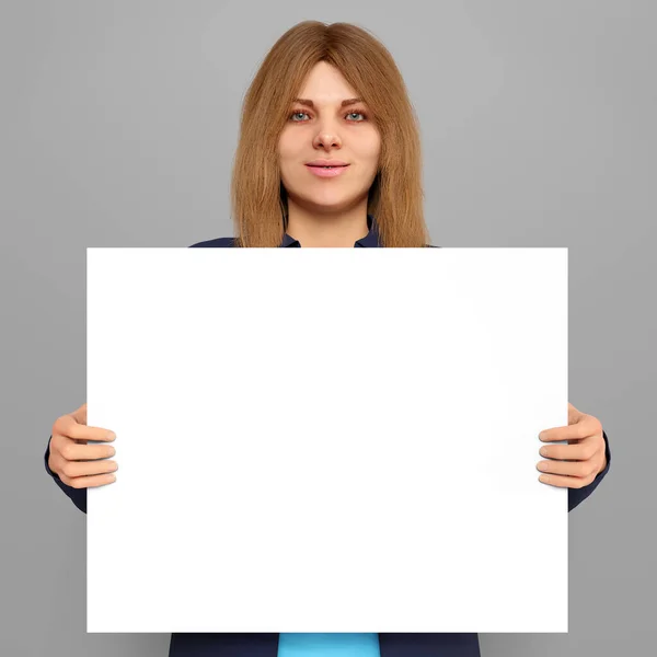 Girl Hold Canvas White Copy Space Photo Enlargement Selling Art — Stock Photo, Image