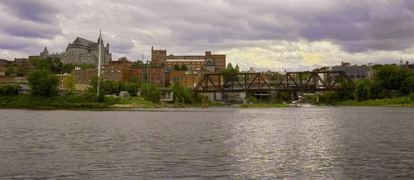 Sherbrooke Sungai Kota Pusat Kota Lanskap Quebec Kanada Panorama Tepi — Stok Foto