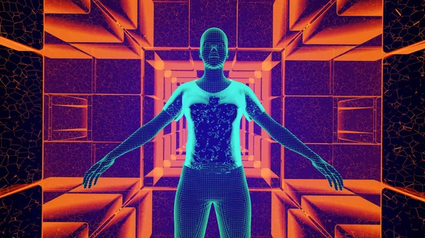 Menschliches Hologramm Cyberspace Tunnel Futuristische Vorstellungskraft Künstliche Intelligenz Schnittstelle Illustration — Stockfoto