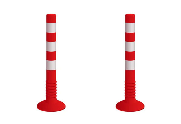 Säkerhetsavgränsare med vit rand. Klassisk röd-orange färg. Vektorvägstolpar. Trafikposter med olika typer av underlag. — Stock vektor