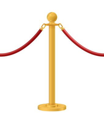 Geri çekilebilir kemer askısı. Taşınabilir bant engeli. Kırmızı halı ve altın ipler. Özel bir etkinlik, film galası, gala, tören, ödül konsepti. Vektör